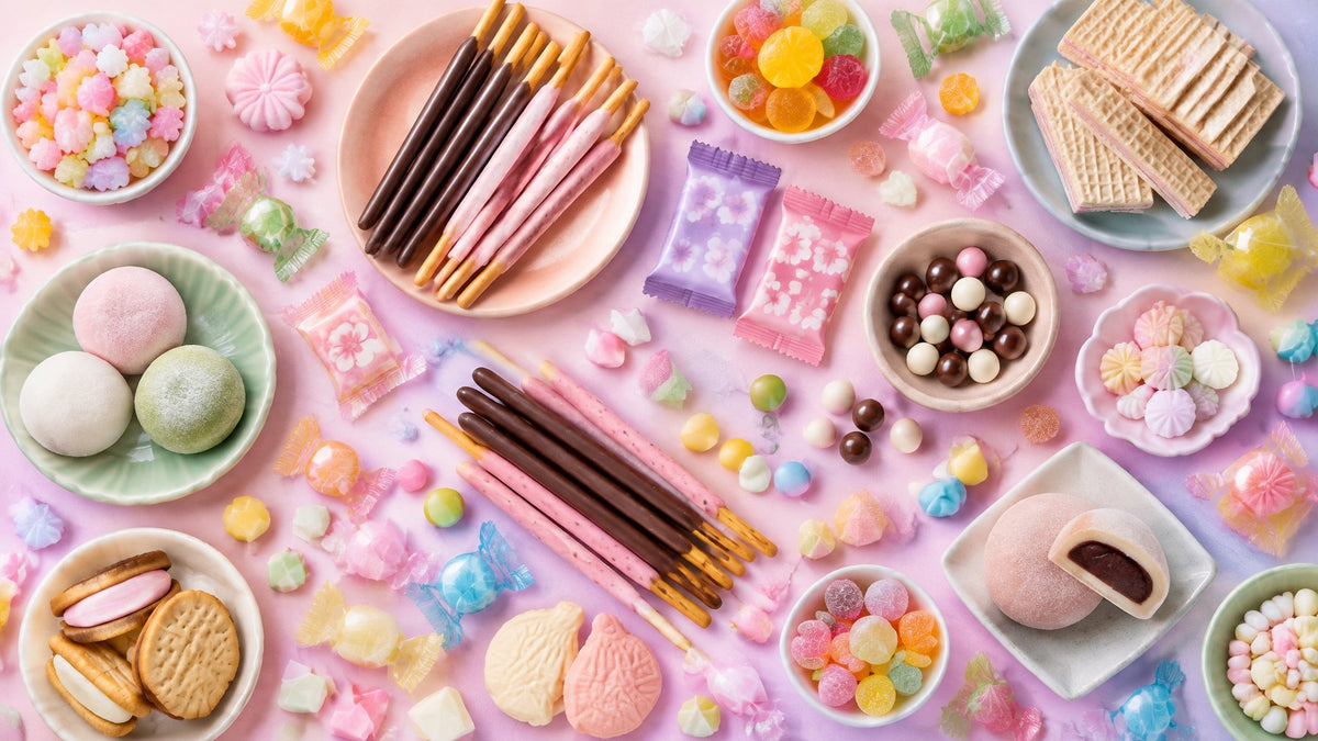 Japanilainen karkkikollaasi pastellitaustalla