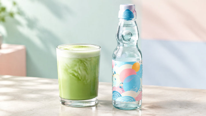 Matcha-latte ja ramune-pullo vierekkäin