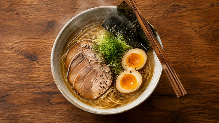 Höyryävä ramen-kulho toppingeineen ylhäältä kuvattuna